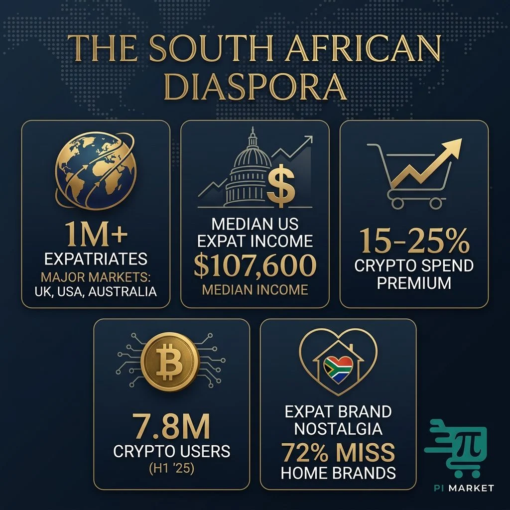 Dark navy infographic showing five key South African diaspora statistics: 1 million+ expats abroad, $107,595 median US income, 7.8 million SA crypto users, 15-25% higher crypto shopper spend, and 72% of expats missing SA brands.